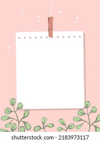 A sheet of notepad connected with a wooden clothespin hang on a thread. Note paper, leaves of plants, dandelions outlines on a pink background. Vector illustration, flat style.