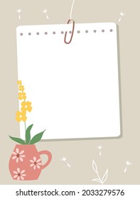 A sheet of notepad hangs on a thread. Note paper, yellow flower in pink mug, white contours of plants in the background. Vector illustration, flat style.
