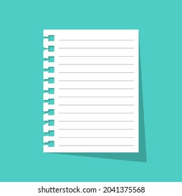 Sheet with notepad. Memo concept. Broken page from a diary. Note on a white blank pure sheet. Vector illustration flat design. Isolated on white background.