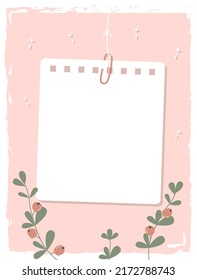 A sheet of notepad paper connected with a paperclip hang on a thread. Note paper, plants with berries, dandelion outlines on a pink background. Vector illustration, flat style.