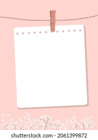 A sheet of notepad paper connected with a wooden clothespin hang on a rope. Notepaper and small white flowers on a pink background. Vector illustration, flat style.