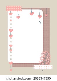 A sheet of notepad paper taped to wall. Garlands of hearts on a threads hang nearby. Sheet of textured paper in the background. Design for a wedding card or a valentine's day card. Vector illustration