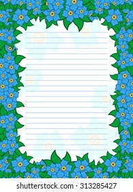 Sheet of notepad with parallel lines and colorful floral frame with flowers mainly in blue hues, vector illustration