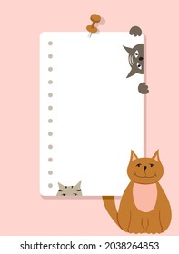 Ein Notizblock, der an die Wand befestigt ist. Notiz Papier und lustige Katzen auf rosafarbenem Hintergrund. Vektorgrafik, flacher Stil.