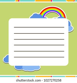 sheet of notepad for the text. elements rainbows on the sides.
