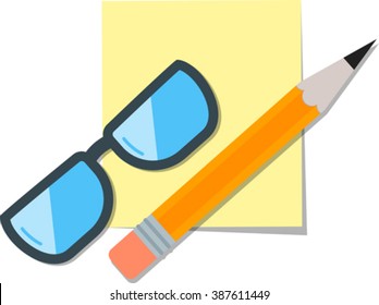 Sheet for notes, glasses and pencil. Eps 10