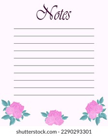 Sheet for notes with pink roses on a pale pink background. Vector illustration for notebooks, page decoration. Copy space.
