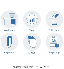 A Sheet of Office Essentials Icons: Paper Clip, Mouse, Reporting, Workplace, Trend, Table Lamp icons set 