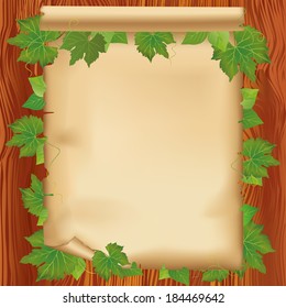 Sheet of old paper- place for text on wooden board with leaves. Nature background with fresh green leaves. Vector illustration