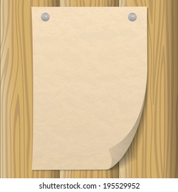 Sheet of old yellowed paper pinned on two thumbtacks on a wooden wall, design background. Eps10, contains transparencies. Vector