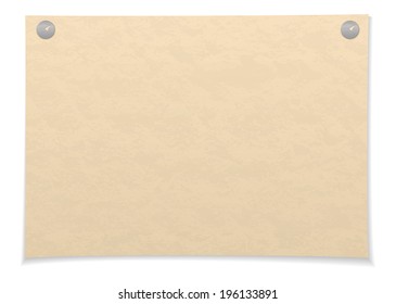 Sheet of old yellowed paper pinned on two thumbtacks, isolated on white background. Eps10, contains transparencies. Vector