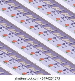 sheet of one hundred Ringgit Malaysia banknote currency arranged background