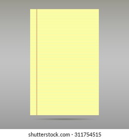 Sheet of ordinary yellow ruled exercise paper on gray background