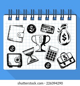 Sheet from pad on which are drawn sketches of business concept and money such as dollar card safe purse calculator hourglass