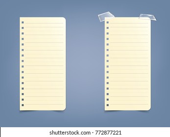 Sheet, page in a striped notebook, notepad in a realistic style, isolated on a blue background. White paper ready for message, set of vector illustrations.