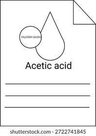 Sheet of paper with Acetic acid text drop shape circle formula inside and folded corner