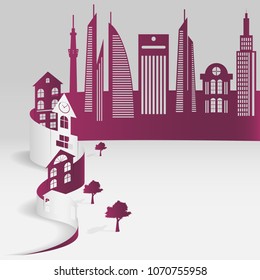 Sheet paper art of city. Vector illustration design. purple color.
