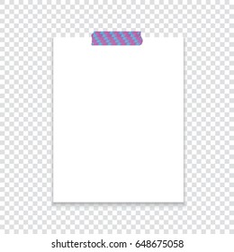 Sheet of paper attached with colorful tape on a transparent background. Template for your project. Vector illustration.