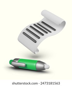 Sheet of paper with black lines, green ballpoint pen. Vector composition