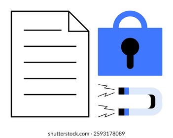 Sheet of paper, blue lock, magnet with waves. Ideal for data security, privacy, digital protection, sensitive information, office use. Clean, modern, simple vector style