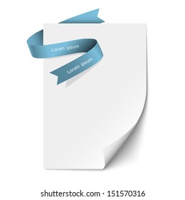 Sheet paper and blue ribbon. Vector illustration