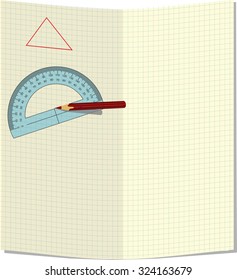 A sheet of paper in a cage with pencil and protractor.