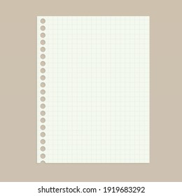 Sheet of paper in a cage with round holes from the springs. Clean vertical notebook sheet. Vector realistic Mockup. EPS10.