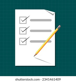 Hoja de papel con marcas de verificación. Lista de comprobación con ilustración vectorial de lápiz.