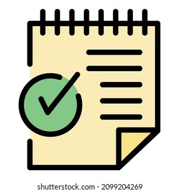 Sheet of paper and checkmark icon. Outline sheet of paper and checkmark vector icon color flat isolated