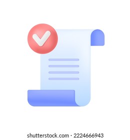 Sheet of paper with checkmark in red bubble 3D icon. Task done or application approved 3D vector illustration on white background. Business, agreement concept