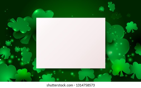 A sheet of paper and clover flying on a green background. Vector Happy St. Patrick's Day, greeting card design.3d illustration