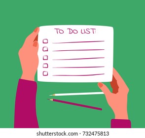 a sheet of paper with a to do list and holding hands of a woman; a cartoon vector illustration in flat simple style; a top view