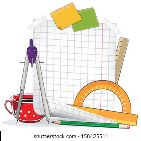 Sheet of paper and drawing tools on a white background