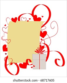 Sheet of paper framed with red hearts and ribbons.