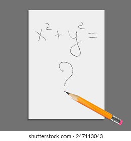 Sheet of paper with graphite pencil and equation without answer. Mathematics