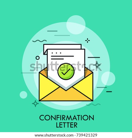 Sheet of paper with green check mark inside envelope. Concept of confirmation, acceptance or approval letter, written verification. Colorful vector illustration for website, web banner, application.