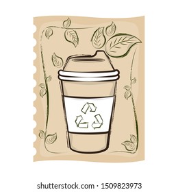 Sheet of paper with a hand draw of a paper cup and leaves. Recycling concept - Vector