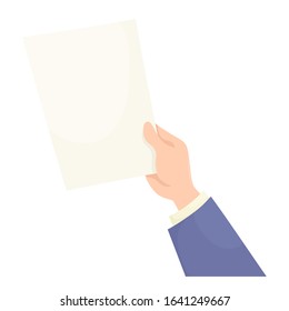 A sheet of paper in the hand. Vector element in cartoon flat style. White background. Arm