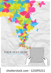 Sheet of paper in hands and butterflies. Abstract vector illustration