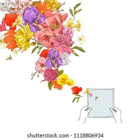 Sheet of paper in hands and flowers. Abstract vector illustration