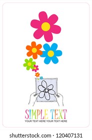 Sheet of paper in hands and flowers. Abstract vector illustration