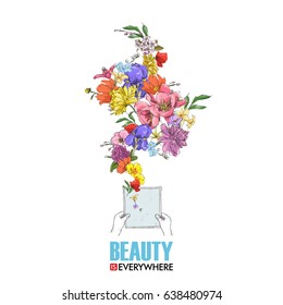 Sheet of paper in hands and flowers. Abstract vector illustration