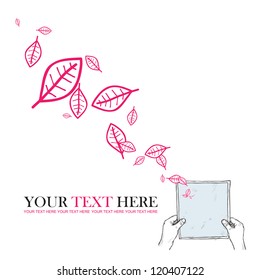 Sheet of paper in hands and leafs. Abstract vector illustration