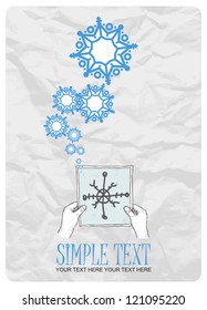 Sheet of paper in hands and snowflakes. Abstract vector illustration