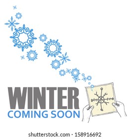 Sheet of paper in hands and snowflakes. Abstract vector illustration