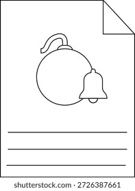 Sheet of paper has a bomb and bell icon above three lines with the upper corner of the sheet folded