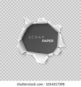 Sheet of paper with hole inside. Template realistic page of  scrap paper with rough edge for banner. Vector illustration isolated on transparent background