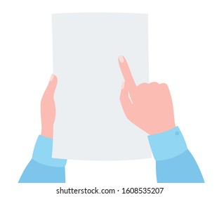 Sheet of paper in human hands. Finger pointing to important in document. Viewing, reading document. Vector illustration isolated on white background