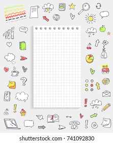Sheet of paper with icons around it representing different marks and images of food and gadgets on vector illustration isolated on white