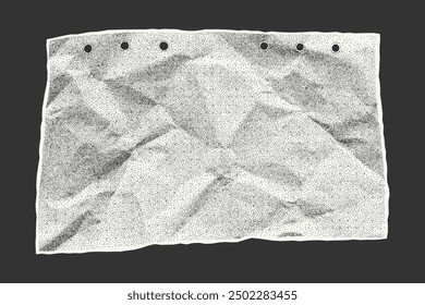 Sheet of paper with jagged edges, old crumpled dotted background. Template for banner, empty space for text. Gritty dusty vintage vector element with perforation.